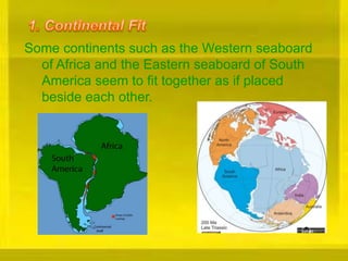 Some continents such as the Western seaboard
of Africa and the Eastern seaboard of South
America seem to fit together as if placed
beside each other.
 