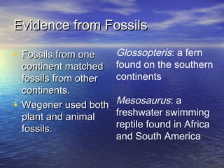 Evidence from FossilsEvidence from Fossils
• Fossils from oneFossils from one
continent matchedcontinent matched
fossils from otherfossils from other
continents.continents.
• Wegener used bothWegener used both
plant and animalplant and animal
fossils.fossils.
Glossopteris: a fern
found on the southern
continents
Mesosaurus: a
freshwater swimming
reptile found in Africa
and South America
 