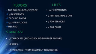 FLOORS
• THE BUILDING CONSISTS OF
 4 BASEMENTS
 GROUND FLOOR
13 UPPER FLOORS
HELIPAD
LIFTS
• 24 FOR PATIENTS
• 4 FOR INTERNAL STAFF
• 3 FOR SERVICES
• 4 FOR DUMP
STAIRCASE
• 4 STAIR CASES ( FROM GROUNDTO UPPER FLOORS)
• 2 RAMPS
• 2 STAIRCASES ( FROM BASEMENTTO GROUND)
 