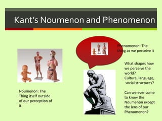 Kant’s Noumenon and PhenomenonPhenomenon: The thing as we perceive itWhat shapes how we perceive the world? Culture, language, social structures?Can we ever come to know the Noumenon except the lens of our  Phenomenon?Noumenon: The Thing itself outside of our perception of it