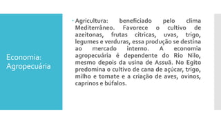 Economia:
Agropecuária
 Agricultura: beneficiado pelo clima
Mediterrâneo. Favorece o cultivo de
azeitonas, frutas cítricas, uvas, trigo,
legumes e verduras, essa produção se destina
ao mercado interno. A economia
agropecuária é dependente do Rio Nilo,
mesmo depois da usina de Assuã. No Egito
predomina o cultivo de cana de açúcar, trigo,
milho e tomate e a criação de aves, ovinos,
caprinos e búfalos.
 