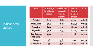 Indicadores
sociais
País Esperança
de vida ao
nascer
Média de
anos de
vida ao
Nascer
RNB-
Renda
nacional
Bruta
IDH
Gabão 61,3 6,6 12,747 0,648
Botsuana 55,5 8,9 13,2,4 0,633
Namíbia 62,1 7,4 6,323 0,606
Uganda 54,1 4,7 1,224 0,422
Rep Centro
Africana
47,7 3,5 758 0,315
Congo 48 3,8 291 0,239
Zimbábue 47 7,2 176 0,140
 