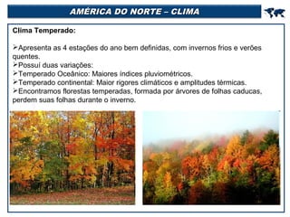 AMÉRICA DO NORTE – CLIMA
Clima Temperado:
Apresenta as 4 estações do ano bem definidas, com invernos frios e verões
quentes.
Possuí duas variações:
Temperado Oceânico: Maiores índices pluviométricos.
Temperado continental: Maior rigores climáticos e amplitudes térmicas.
Encontramos florestas temperadas, formada por árvores de folhas caducas,
perdem suas folhas durante o inverno.



 