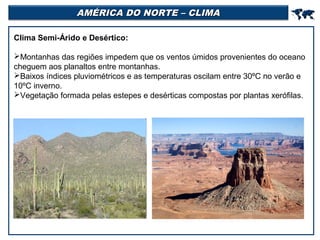 AMÉRICA DO NORTE – CLIMA



Clima Semi-Árido e Desértico:
Montanhas das regiões impedem que os ventos úmidos provenientes do oceano
cheguem aos planaltos entre montanhas.
Baixos índices pluviométricos e as temperaturas oscilam entre 30ºC no verão e
10ºC inverno.
Vegetação formada pelas estepes e desérticas compostas por plantas xerófilas.

 