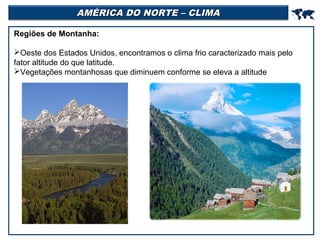 AMÉRICA DO NORTE – CLIMA



Regiões de Montanha:
Oeste dos Estados Unidos, encontramos o clima frio caracterizado mais pelo
fator altitude do que latitude.
Vegetações montanhosas que diminuem conforme se eleva a altitude

 