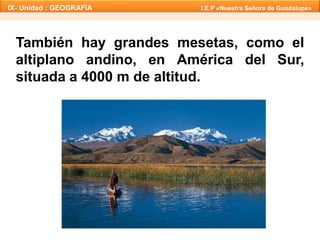IX- Unidad : GEOGRAFÍA I.E.P «Nuestra Señora de Guadalupe» 
También hay grandes mesetas, como el 
altiplano andino, en América del Sur, 
situada a 4000 m de altitud. 
 