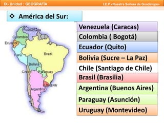 IX- Unidad : GEOGRAFÍA I.E.P «Nuestra Señora de Guadalupe» 
 América del Sur: 
Venezuela (Caracas) 
Colombia ( Bogotá) 
Ecuador (Quito) 
Bolivia (Sucre – La Paz) 
Chile (Santiago de Chile) 
Brasil (Brasilia) 
Argentina (Buenos Aires) 
Paraguay (Asunción) 
Uruguay (Montevideo) 
 