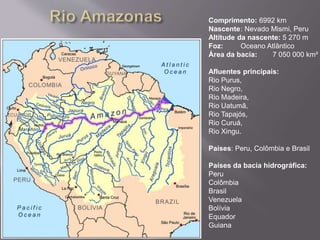Comprimento: 6992 km
Nascente: Nevado Mismi, Peru
Altitude da nascente: 5 270 m
Foz: Oceano Atlântico
Área da bacia: 7 050 000 km²
Afluentes principais:
Rio Purus,
Rio Negro,
Rio Madeira,
Rio Uatumã,
Rio Tapajós,
Rio Curuá,
Rio Xingu.
Países: Peru, Colômbia e Brasil
Países da bacia hidrográfica:
Peru
Colômbia
Brasil
Venezuela
Bolívia
Equador
Guiana
 