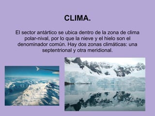 CLIMA.
El sector antártico se ubica dentro de la zona de clima
polar-nival, por lo que la nieve y el hielo son el
denominador común. Hay dos zonas climáticas: una
septentrional y otra meridional.
 