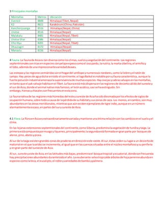 3 Principalesmontañas
Montañas Metros Ubicación
Everest 8848 Himalaya(Tibet,Nepal)
K2 8611 Karakórum(China,Pakistán)
Kanchenjuanga 8516 Himalaya(Nepal,China)
Lhotse 8516 Himalaya(Nepal)
Malakalu 8481 Himalaya(Nepal,Tíbet)
Lhotse Shar 8386 Himalaya(Nepal)
Cho Oyu 8201 Himalaya(Nepal,Tibet)
Dhaulagiri 8172 Himalaya(Nepal)
Manaslu 8156 Himalaya(Nepal)
4 Fauna:La faunade Asiaes tan diversacomolosclimas,suelosyvegetacióndel continente. Lasregiones
septentrionalessonricasenespeciesconpelajeespesocomoel osopardo, lanutria,la marta cibelina,el armiñoy
el lobo,ademásde unaimpresionantevariedaddeaves.
Las estepasylas regionessemiáridassonel hogardel antílope ynumerosos roedores,comolaliebre yel ratónde
campo.Hay pecesde aguadulce entodo el continente;el lagoBaikal esnotableporsufaunacaracterística, aunque la
fuerte poluciónindustrialamenazalasupervivenciade muchasespecies.Hay ovejasycabrassalvajesenlasmontañas,
entanto que el yak salvaje habitaenel Tíbet.La faunaestá másdispersaenlasregionesde desiertocálido del sureste y
el sur de Asia,donde el animal nativomásfamoso,el leónasiático,casi se haextinguido.Sin
embargo, hienas ychacalessonfrecuentesenestazona.
La faunanativade las regionesmáshúmedas del esteysureste de Asiahasidodiezmadaporlosefectosde siglosde
ocupaciónhumana,sobre todoa causa de lapérdidade su hábitaty suszonas de caza. Los monos,encambio,sonmuy
abundantesenlasáreasmeridionales,mientrasque aúnexistenejemplaresde tigre indio,aunque enunnúmero
alarmantementeescaso,enpartesdel surysureste de Asia.
4.1 Flora:La floraenAsiaesextraordinariamentevariadaymantiene unaíntimarelaciónconloscambiosenel sueloyel
clima.
En las lejanasextensionesseptentrionalesdel continente,como Siberia,predominalavegetaciónde tundraytaiga.La
primeraestácompuestapormusgoy líquenes,principalmente;lasegundaestáformadaengranparte por bosques de
alerce,pino,abetoypicea.
Al sur de la taiga existengrandeszonasde praderas endireccióneste-oeste.Al sur,éstascedensulugara un desiertode
matorral en el que laaridezse incrementa,al igual que enlascuencassituadasentre el núcleomontañosoysuperiferia
y engran parte del suroeste de Asia.
Al sur, sureste yeste de Asia,enlaslatitudesmásbajas,predominael bosquetropical yecuatorial,dondeconfrecuencia
hay precipitacionesabundantesdurantetodoel año.La exuberante selvatropicalde árbolesde hojaperenneabundaen
especiescomolateca,el eucalipto,el roble yvariedadesde bambúypalmera.
 