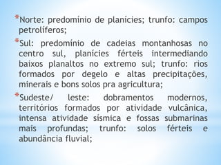 *Norte: predomínio de planícies; trunfo: campos
petrolíferos;
*Sul: predomínio de cadeias montanhosas no
centro sul, planícies férteis intermediando
baixos planaltos no extremo sul; trunfo: rios
formados por degelo e altas precipitações,
minerais e bons solos pra agricultura;
*Sudeste/ leste: dobramentos modernos,
territórios formados por atividade vulcânica,
intensa atividade sísmica e fossas submarinas
mais profundas; trunfo: solos férteis e
abundância fluvial;
 