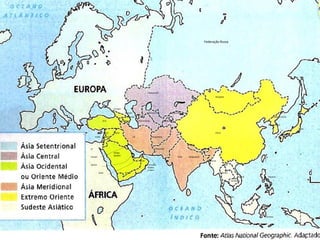 Apresentação elaborada pela Professora FERNANDA BRUM LOPES - Geografia
Federação Russa
Casaquistão
Usbequistão
Turcomenistão
Quirguistão
Tadjiquistão
Afeganistão
Paquistão
Irã
Índia
Nepal
Bangladesh
Butão
China
Mongólia
Mianmar
Tailândia
Laos
Vietnã
Cambodja
Filipinas
Malásia
Indonésia
Coreia do Norte
Coreia do Sul
Japão
Arábia
Saudita
Iêmen
Omã
Emirados
Árabes
Unidos
Iraque
Kuweit
Barein
Catar
Síria
Turquia
Azerbaijão
Armênia
Geórgia
Jordânia
Líbano
Israel
 