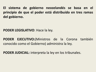 El sistema de gobierno neozelandés se basa en el
principio de que el poder está distribuido en tres ramas
del gobierno.


PODER LEGISLATIVO: Hace la ley.

PODER EJECUTIVO:(Ministros de la Corona también
conocido como el Gobierno) administra la ley.

PODER JUDICIAL: interpreta la ley en los tribunales.
 