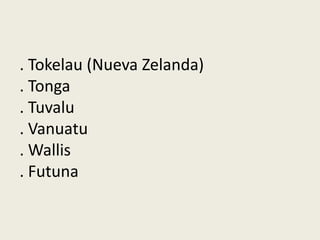 . Tokelau (Nueva Zelanda)
. Tonga
. Tuvalu
. Vanuatu
. Wallis
. Futuna
 