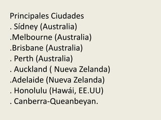 Principales Ciudades
. Sídney (Australia)
.Melbourne (Australia)
.Brisbane (Australia)
. Perth (Australia)
. Auckland ( Nueva Zelanda)
.Adelaide (Nueva Zelanda)
. Honolulu (Hawái, EE.UU)
. Canberra-Queanbeyan.
 