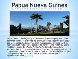 Papúa – Nueva Guinea, isla que sirve como referencia geográfica para
delimitar uno de los extremos del triángulo que es Oceanía, es un lugar
casi inexplorado. En los últimos años diversas expediciones científicas
fueron descubriendo nuevas especies de flora y fauna en la isla, que ha
recibido el apodo de “Mundo Perdido”. Montañas heladas, clima
subtropical en las playas y tribus ancestrales son el escenario natural que
nos presenta Papúa – Nueva Guinea, aunque su inestabilidad institucional,
hace que con regularidad sea catalogada como destino poco
recomendable para el turismo.

 