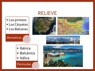 RELIEVE
• Los pirineos
• Los Cárpatos
• Los Balcanes
Montañoso
• Ibérica
• Balcánica
• Itálica
Penínsulas
 