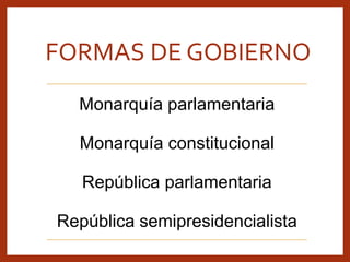 FORMAS DE GOBIERNO
Monarquía parlamentaria
Monarquía constitucional
República parlamentaria
República semipresidencialista
 