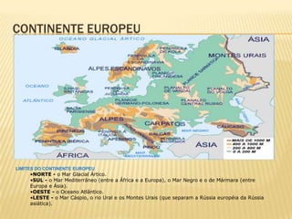 CONTINENTE EUROPEU




LIMITES DO CONTINENTE EUROPEU
     •NORTE - o Mar Glacial Ártico.
     •SUL - o Mar Mediterrâneo (entre a África e a Europa), o Mar Negro e o de Mármara (entre
     Europa e Ásia).
     •OESTE - o Oceano Atlântico.
     •LESTE - o Mar Cáspio, o rio Ural e os Montes Urais (que separam a Rússia européia da Rússia
     asiática).
 