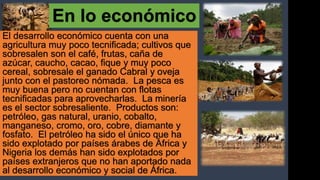 El desarrollo económico cuenta con una
agricultura muy poco tecnificada; cultivos que
sobresalen son el café, frutas, caña de
azúcar, caucho, cacao, fique y muy poco
cereal, sobresale el ganado Cabral y oveja
junto con el pastoreo nómada. La pesca es
muy buena pero no cuentan con flotas
tecnificadas para aprovecharlas. La minería
es el sector sobresaliente. Productos son:
petróleo, gas natural, uranio, cobalto,
manganeso, cromo, oro, cobre, diamante y
fosfato. El petróleo ha sido el único que ha
sido explotado por países árabes de África y
Nigeria los demás han sido explotados por
países extranjeros que no han aportado nada
al desarrollo económico y social de África.
En lo económico
 