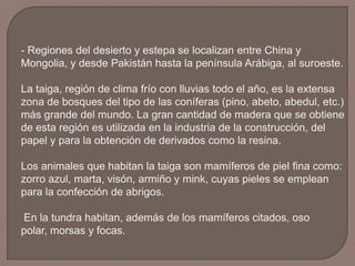 - Regiones del desierto y estepa se localizan entre China y
Mongolia, y desde Pakistán hasta la península Arábiga, al suroeste.
La taiga, región de clima frío con lluvias todo el año, es la extensa
zona de bosques del tipo de las coníferas (pino, abeto, abedul, etc.)
más grande del mundo. La gran cantidad de madera que se obtiene
de esta región es utilizada en la industria de la construcción, del
papel y para la obtención de derivados como la resina.
Los animales que habitan la taiga son mamíferos de piel fina como:
zorro azul, marta, visón, armiño y mink, cuyas pieles se emplean
para la confección de abrigos.
En la tundra habitan, además de los mamíferos citados, oso
polar, morsas y focas.

 
