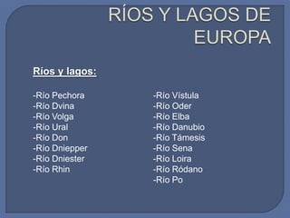 Ríos y lagos:
-Río Pechora
-Río Dvina
-Río Volga
-Río Ural
-Río Don
-Río Dniepper
-Río Dniester
-Río Rhin

-Río Vístula
-Río Oder
-Río Elba
-Río Danubio
-Río Támesis
-Río Sena
-Río Loira
-Río Ródano
-Río Po

 
