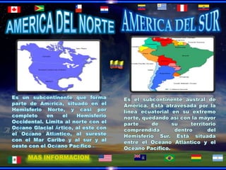 AMERICA DEL SURAMERICA DEL NORTEEs un subcontinente que forma parte de América, situado en el Hemisferio Norte, y casi por completo en el Hemisferio Occidental. Limita al norte con el Océano Glacial Ártico, al este con el Océano Atlántico, al sureste con el Mar Caribe y al sur y al oeste con el Océano Pacífico .Es el subcontinente austral de América. Está atravesada por la línea ecuatorial en su extremo norte, quedando así con la mayor parte de su territorio comprendida dentro del Hemisferio Sur. Está situada entre el Océano Atlántico y el Océano Pacífico.MAS INFORMACION