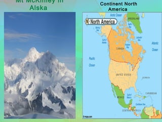 Mt McKinley in
Alska
Continent North
America
 