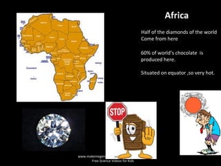 Africa
Half of the diamonds of the world
Come from here
60% of world’s chocolate is
produced here.
Situated on equator ,so very hot.
www.makemegenius.com
Free Science Videos for Kids
 