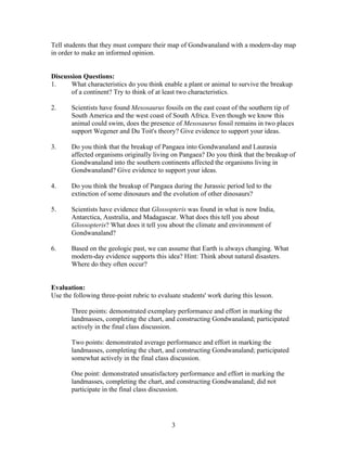Tell students that they must compare their map of Gondwanaland with a modern-day map
in order to make an informed opinion.


Discussion Questions:
1.     What characteristics do you think enable a plant or animal to survive the breakup
       of a continent? Try to think of at least two characteristics.

2.     Scientists have found Mesosaurus fossils on the east coast of the southern tip of
       South America and the west coast of South Africa. Even though we know this
       animal could swim, does the presence of Mesosaurus fossil remains in two places
       support Wegener and Du Toit's theory? Give evidence to support your ideas.

3.     Do you think that the breakup of Pangaea into Gondwanaland and Laurasia
       affected organisms originally living on Pangaea? Do you think that the breakup of
       Gondwanaland into the southern continents affected the organisms living in
       Gondwanaland? Give evidence to support your ideas.

4.     Do you think the breakup of Pangaea during the Jurassic period led to the
       extinction of some dinosaurs and the evolution of other dinosaurs?

5.     Scientists have evidence that Glossopteris was found in what is now India,
       Antarctica, Australia, and Madagascar. What does this tell you about
       Glossopteris? What does it tell you about the climate and environment of
       Gondwanaland?

6.     Based on the geologic past, we can assume that Earth is always changing. What
       modern-day evidence supports this idea? Hint: Think about natural disasters.
       Where do they often occur?


Evaluation:
Use the following three-point rubric to evaluate students' work during this lesson.

       Three points: demonstrated exemplary performance and effort in marking the
       landmasses, completing the chart, and constructing Gondwanaland; participated
       actively in the final class discussion.

       Two points: demonstrated average performance and effort in marking the
       landmasses, completing the chart, and constructing Gondwanaland; participated
       somewhat actively in the final class discussion.

       One point: demonstrated unsatisfactory performance and effort in marking the
       landmasses, completing the chart, and constructing Gondwanaland; did not
       participate in the final class discussion.




                                             3
 
