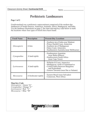 Classroom Activity Sheet: Continental Drift                     Name:



                            Prehistoric Landmasses
    Page 1 of 2

    Gondwanaland was a prehistoric supercontinent comprised of the modern-day
    landmasses of South America, Antarctica, Australia, Africa, Madagascar, and India.
    Use the landmass illustrations on page 2, the chart and map key code below to mark
    the locations where four types of fossils have been found.



     Fossil Name        Description            Present-Day Locations
                                                - Southern tip of India near Madurai
                                                - Prince Harald Coast, Antarctica
      Glossopteris      A fern                  - Southern tip of Madagascar
                                                - Oates Coast, Antarctica
                                                - Southeastern Australia (near Melbourne)
                                                - Southeastern Argentina
      Cynognathus        A land reptile            (near Bahia Blanca)
                                                - Southwestern South Africa
                                                   (near Cape Town)
                                                - Wilhelm II Coast, Antarctica
                                                - Madagascar, north of Antananarivo
      Lystrosaurus       A land reptile         - Central India (between Bangalore
                                                   and Hyderabad)
                                                - Eastern Tanzania (near Dar es Salaam)

                                                - Eastern Brazil (near Salvador)
      Mesosaurus        A freshwater reptile    - Cameroon, West Africa


    Map Key Code
    Glossopteris = Green “G”
    Cynognathus= Orange “C”
    Lystrosaurus= Red “L”
    Mesosaurus = Blue “M”
 