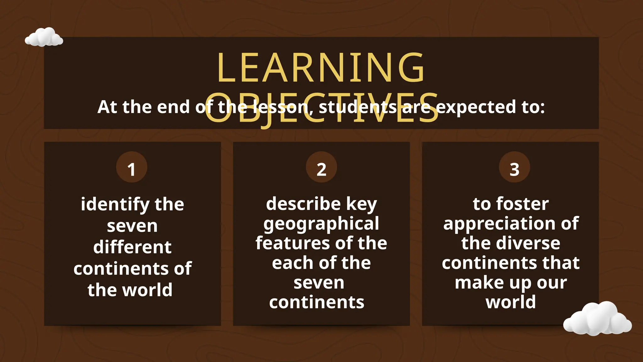 LEARNING
OBJECTIVES
At the end of the lesson, students are expected to:
1 2 3
describe key
geographical
features of the
each of the
seven
continents
to foster
appreciation of
the diverse
continents that
make up our
world
identify the
seven
different
continents of
the world
1 2 3
 