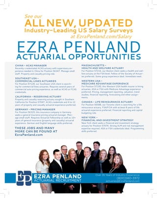 EZRA PENLAND 
ACTUARIAL RECRUITMENT 
Over 35 Years of Industry Experience (800)580-3972 
actuaries@EzraPenland.com 
See our 
ALL NEW, UPDATED 
Industry-Leading US Salary Surveys 
at EzraPenland.com/Salary 
EZRA PENLAND 
ACTUARIAL OPPORTUNITIES 
THESE JOBS AND MANY 
MORE CAN BE FOUND AT 
EzraPenland.com 
CHINA - ACAS MANAGER 
Recently-credentialed ACAS actuary with supervisory experience needed in China for Position 56347. Manage small staff. Property and casualty pricing role. 
SOUTHEAST USA - 
COMMERCIAL LINES ACTUARIES 
For Position 57128, our Southeast USA client is searching for commercial lines actuaries. Requires several years of commercial auto pricing experience, as well as ACAS or FCAS credentials. 
CALIFORNIA - RESERVING ACTUARY 
Property and casualty reserving actuary sought in Southern California for Position 57047. ACAS credentials and 4 to 12 years of property and casualty actuarial experience preferred. 
GERMANY - PRICING MANAGER 
For Position 56329, this insurance company in Germany seeks a general insurance pricing actuarial manager. Manage small staff. Requires Actuarial Fellowship as well as 10+ years of general insurance (property and casualty) actuarial experience. German and English language skills preferred. 
MASSACHUSETTS - 
HEALTH AND WELFARE ACTUARY 
For Position 57216, our Boston client seeks a health and welfare actuary at the FSA level. Fellow of the Society of Actuaries preferred. Some group experience ideal. Immediate need. 
WESTERN USA - 
MEDICARE ADVANTAGE EXPERIENCE 
For Position 57100, this Western USA health insurer is hiring actuaries. ASA or FSA with Medicare Advantage experience preferred. Pricing, management reporting, valuation, trend studies, financial reporting, forecasting and other assignments. 
CANADA - LIFE REINSURANCE ACTUARY 
For Position 56588, our Toronto client is searching for a life reinsurance actuary. FSA/FCIA with at least 8 years of life actuarial experience preferred. Financial reporting and capital budgeting role. 
NEW YORK - 
FINANCIAL AND INVESTMENT STRATEGY 
New York client seeks a financial and investment strategy actuary for Position 57076. Strong ALM and risk management expertise required. ASA or FSA credentials ideal. Programming skills preferred. 