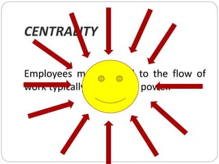 CENTRALITY
Employees most central to the flow of
work typically acquire the power.
 