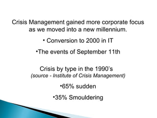 Crisis Management gained more corporate focus as we moved into a new millennium. Conversion to 2000 in IT The events of September 11th Crisis by type in the 1990’s  (source - Institute of Crisis Management) 65% sudden 35% Smouldering 