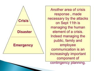 Crisis Disaster Emergency Another area of crisis response , made necessary by the attacks on Sept 11th is managing the human element of a crisis. Indeed managing the public, family and employee communication is an increasingly important component of contingency planning. 