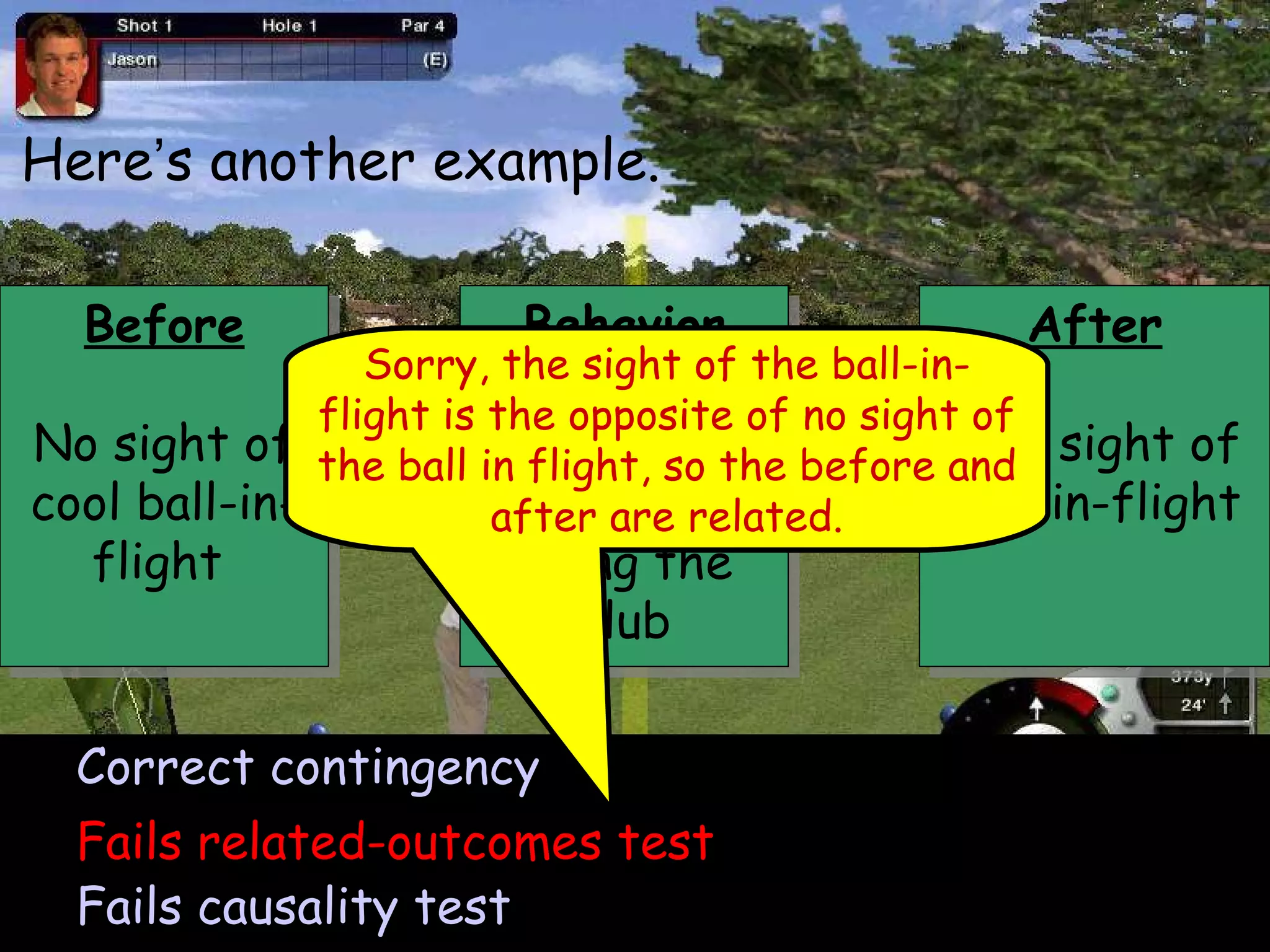 Before No sight of cool ball-in-flight  Here ’ s another example. Correct contingency Fails related-outcomes test Fails causality test Sorry, the sight of the ball-in-flight is the opposite of no sight of the ball in flight, so the before and after are related. Behavior Bob uses the controller to swing the club After Cool sight of ball-in-flight 