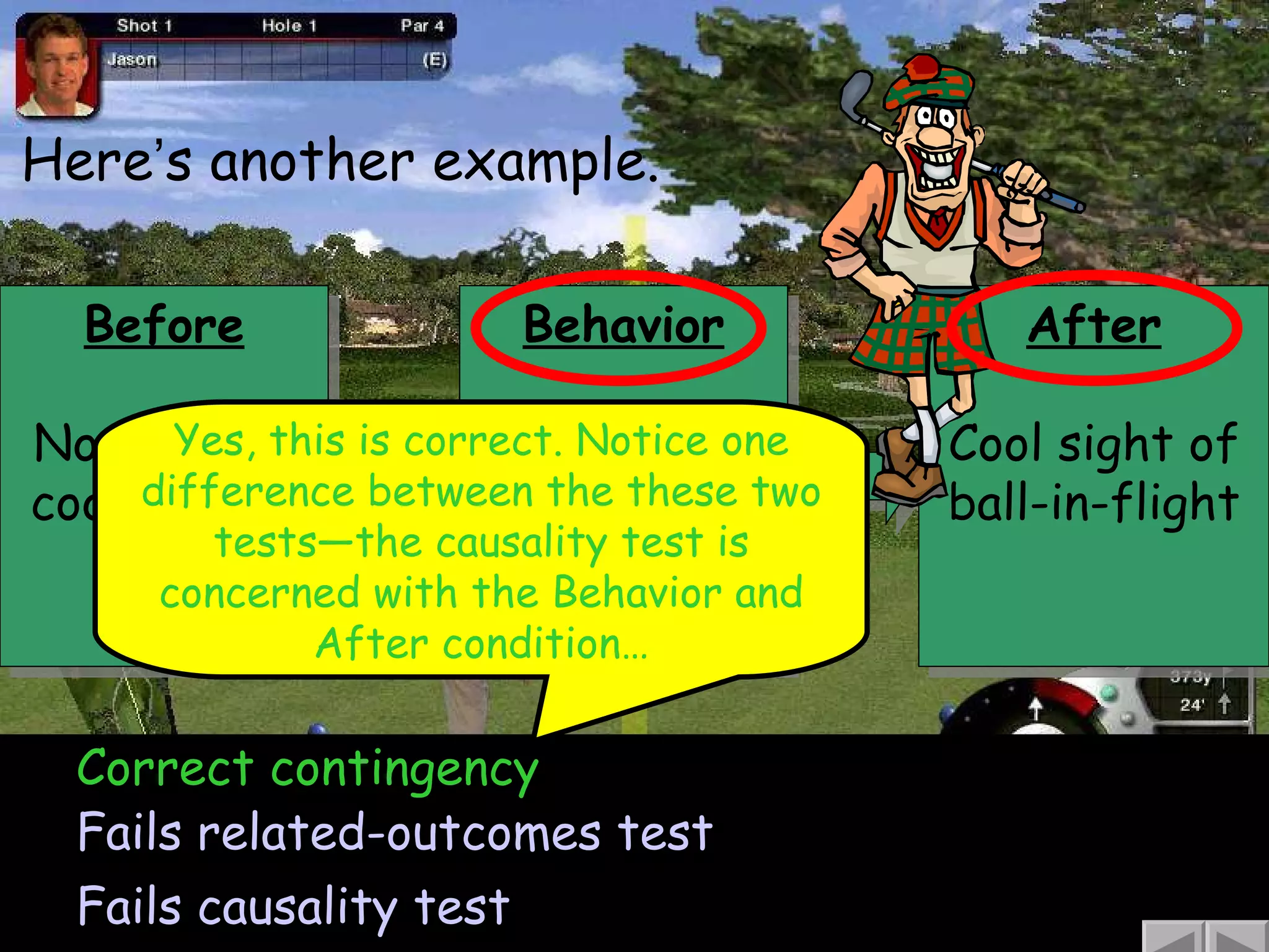 Before No sight of cool ball-in-flight  Here ’ s another example. Correct contingency Fails related-outcomes test Fails causality test Yes, this is correct. Notice one difference between the these two tests—the causality test is concerned with the Behavior and After condition… Behavior Bob uses the controller to swing the club After Cool sight of ball-in-flight 