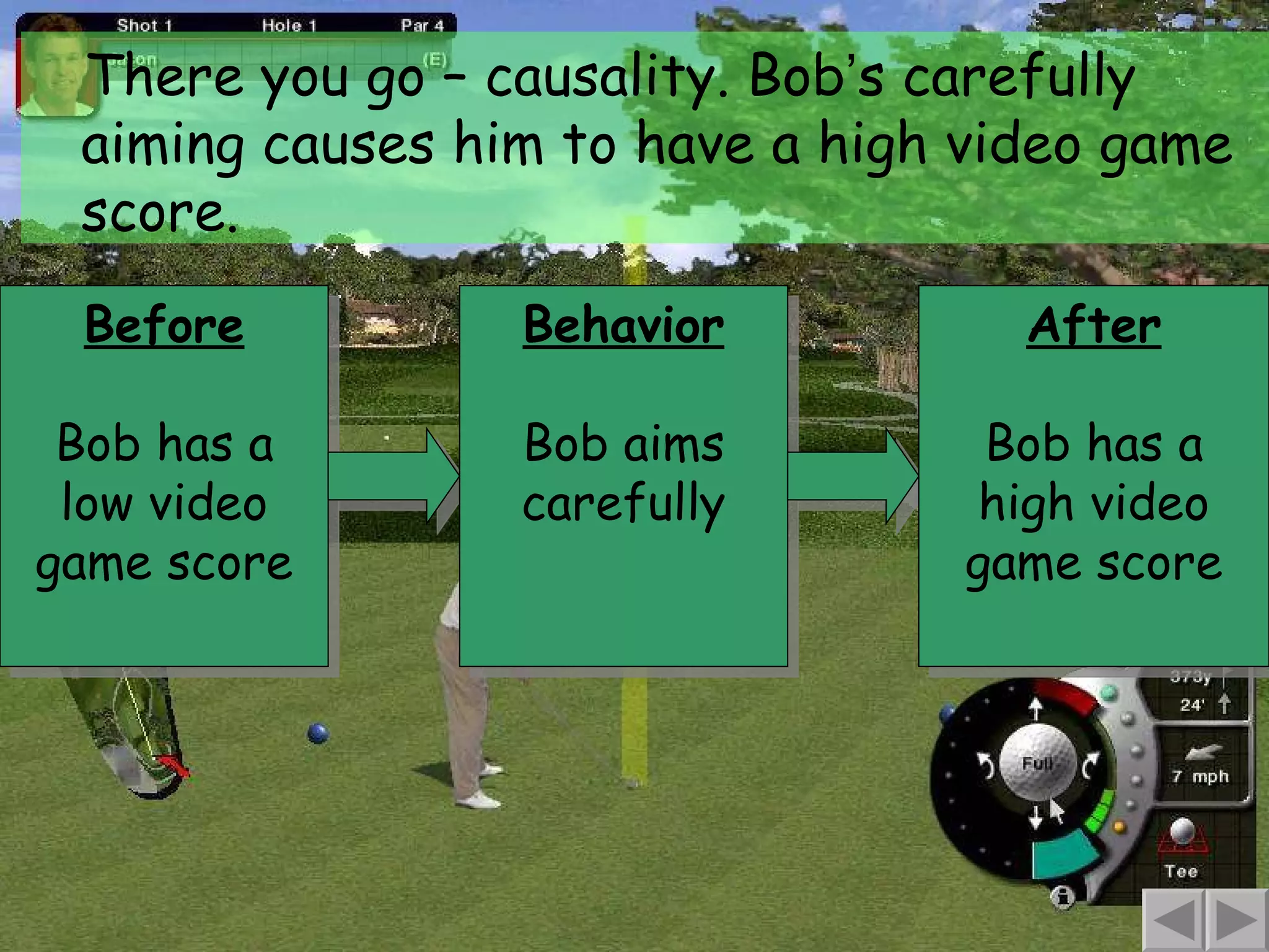 Before Bob has a low video game score There you go – causality. Bob ’ s carefully aiming causes him to have a high video game score. Behavior Bob aims carefully After Bob has a high video game score 