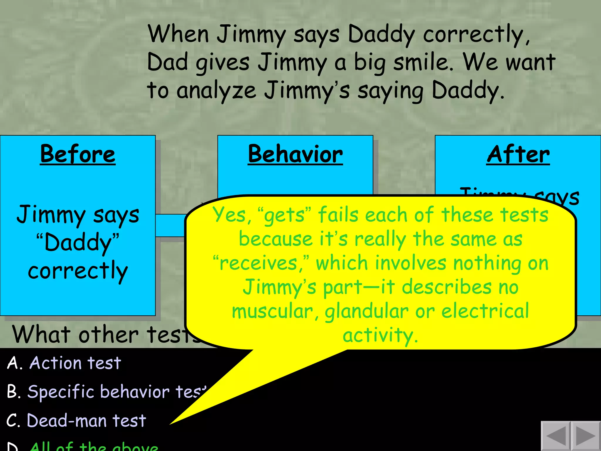 A.  Action test B.  Specific behavior test C.  Dead-man test D.  All of the above What other tests does this contingency fail?  Before Jimmy says  “ Daddy ”  correctly Yes,  “ gets ”  fails each of these tests because it ’ s really the same as  “ receives, ”  which involves nothing on Jimmy ’ s part—it describes no muscular, glandular or electrical activity. When Jimmy says Daddy correctly, Dad gives Jimmy a big smile. We want to analyze Jimmy ’ s saying Daddy.  Behavior Jimmy gets a smile from Dad After Jimmy says  “ Daddy ”  correctly again 