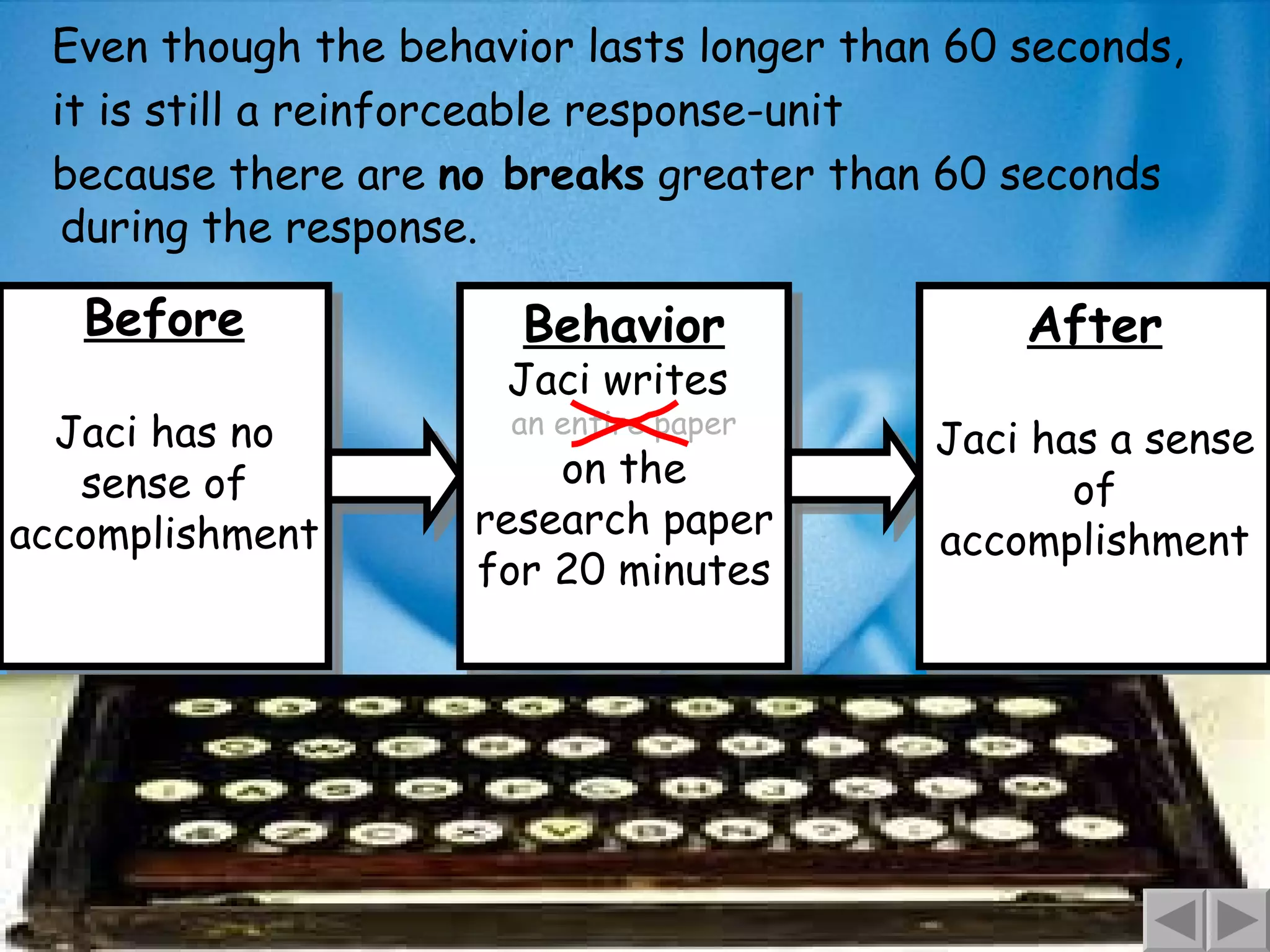 Even though the behavior lasts longer than 60 seconds, it is still a reinforceable response-unit because there are  no breaks  greater than 60 seconds during the response. Before Jaci has no sense of accomplishment Behavior Jaci writes  an entire paper on the research paper for 20 minutes After Jaci has a sense of accomplishment 