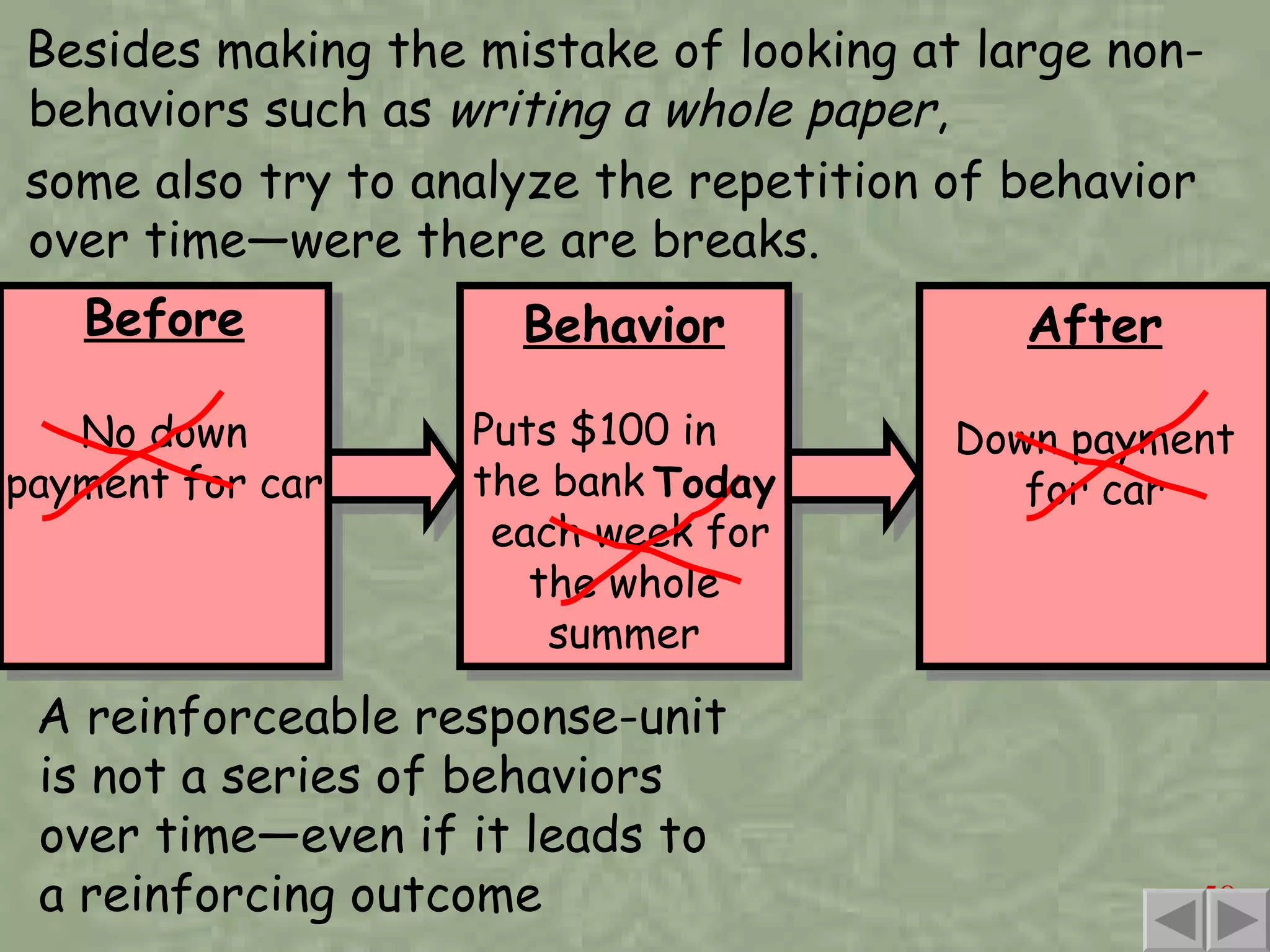 Besides making the mistake of looking at large non-behaviors such as  writing a whole paper , some also try to analyze the repetition of behavior over time—were there are breaks. Before No down payment for car A reinforceable response-unit is not a series of behaviors over time—even if it leads to a reinforcing outcome Today Behavior Puts $100 in the bank each week for the whole summer After Down payment for car 
