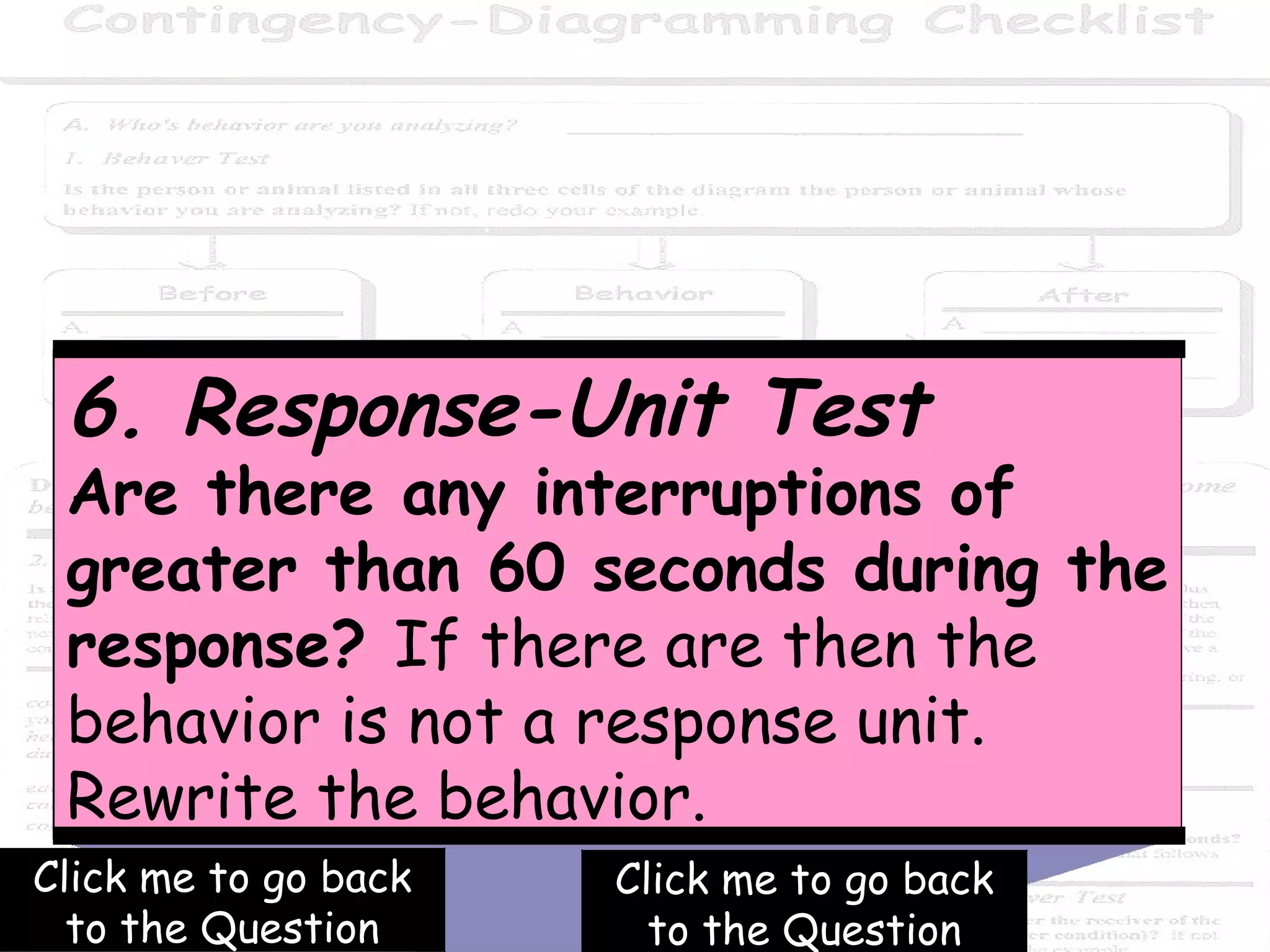 Click me to go back to the Question Click me to go back to the Question 6. Response-Unit Test Are there any interruptions of greater than 60 seconds during the response?  If there are then the behavior is not a response unit. Rewrite the behavior. 