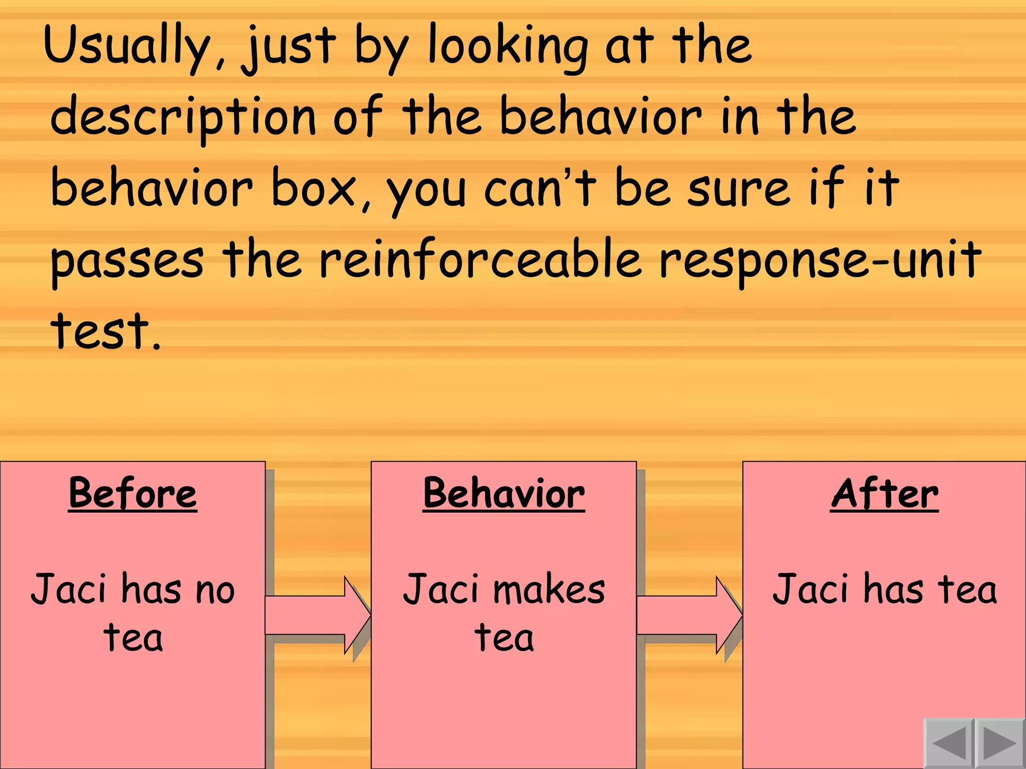 Usually, just by looking at the description of the behavior in the behavior box, you can ’ t be sure if it passes the reinforceable response-unit test. Before Jaci has no tea Behavior Jaci makes tea After Jaci has tea 