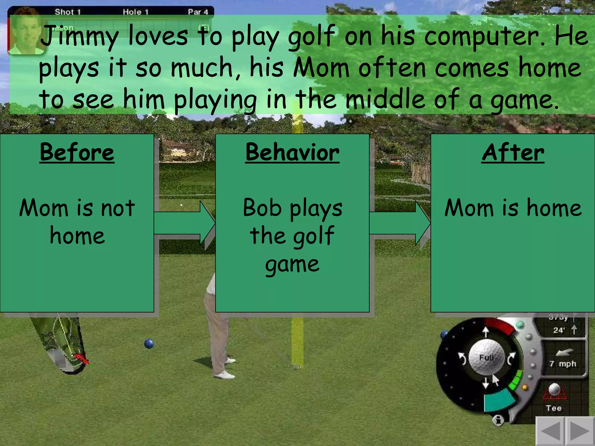 Before Mom is not home Jimmy loves to play golf on his computer. He plays it so much, his Mom often comes home to see him playing in the middle of a game. Behavior Bob plays the golf game After Mom is home 