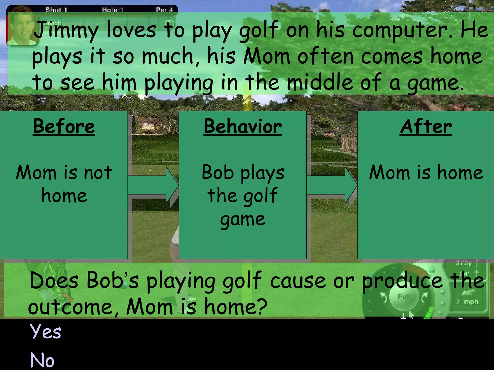 Before Mom is not home Jimmy loves to play golf on his computer. He plays it so much, his Mom often comes home to see him playing in the middle of a game. Yes No Does Bob ’ s playing golf cause or produce the outcome, Mom is home? Behavior Bob plays the golf game After Mom is home 