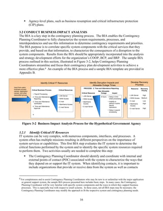 Agency-level plans, such as business resumption and critical infrastructure protection
                      (CIP) plans.

       3.2 CONDUCT BUSINESS IMPACT ANALYSIS
       The BIA is a key step in the contingency planning process. The BIA enables the Contingency
       Planning Coordinator to fully characterize the system requirements, processes, and
       interdependencies and use this information to determine contingency requirements and priorities.
       The BIA purpose is to correlate specific system components with the critical services that they
       provide, and based on that information, to characterize the consequences of a disruption to the
       system components. Results from the BIA should be appropriately incorporated into the analysis
       and strategy development efforts for the organization’s COOP, BCP, and BRP. The sample BIA
       process outlined in this section, illustrated in Figure 3-2, helps Contingency Planning
       Coordinators streamline and focus their contingency plan development activities to achieve a
       more effective plan.6 An example of the BIA process and a sample BIA template are provided in
       Appendix B.


                                      Identify Critical IT Resources                      Identify Disruption Impacts and              Develop Recovery
                                                                                             Allowable Outage Times                        Priorities
Input from users,
                                                                                    PROCESS: 2. Time and Attendance Reporting          Resource        Recovery
business process        Critical Business Process         Critical Resources
owners, application                                                                                  Max Allowable                                      Priority
owners, and other                                                               Critical Resource       Outage        Impact
                         1.   Payroll Processing
associated groups                                                                                                                    • LAN Server        High
                                                         • LAN Server           • LAN Server
                         2. Time and Attendance                                                         8 hours • Delay in time
                                                         • WAN Access                                             sheet processing   • WAN Access      Medium
                           Reporting                                            • WAN Access
                         3. Time and Attendance          • E-mail                                               • Inability to       • E-mail            Low
                                                                                • Mainframe
                           Verification                                           Access                          perform routine    • Mainframe         High
                                                         • Mainframe Access
                                                                                                                  payroll              Access
                         4. Time and Attendance                                 • E-mail Server
                                                         • E-mail Server                                          operations
                           Approval                        .                      .                                                  • E-mail Server     High
                                                           .                      .                             • Delay in payroll     .
                         .                                 .                      .                                                    .
                         .
                         .                                 .                      .                                processing          .
                                                                                                                                       .
                         X                                                                                        .
                                                                                                                  .
                                                                                                                  .




           Figure 3-2 Business Impact Analysis Process for the Hypothetical Government Agency

       3.2.1 Identify Critical IT Resources
       IT systems can be very complex, with numerous components, interfaces, and processes. A
       system often has multiple missions resulting in different perspectives on the importance of
       system services or capabilities. This first BIA step evaluates the IT system to determine the
       critical functions performed by the system and to identify the specific system resources required
       to perform them. Two activities usually are needed to complete this step:
                      The Contingency Planning Coordinator should identify and coordinate with internal and
                      external points of contact (POC) associated with the system to characterize the ways that
                      they depend on or support the IT system. When identifying contacts, it is important to
                      include organizations that provide or receive data from the system as well as contacts


       6 For completeness and to assist Contingency Planning Coordinators who may be new to or unfamiliar with the major application
         or general support system, the sample BIA process presented here includes basic steps. In many cases, the Contingency
         Planning Coordinator will be very familiar with specific system components and the ways in which they support business
         processes. This is especially true with respect to small systems. In these cases, not all BIA steps may be necessary; the
         Contingency Planning Coordinator may modify the approach to fit the respective system and contingency planning needs.


                                                                               16
 