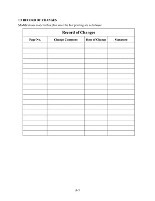 1.5 RECORD OF CHANGES
Modifications made to this plan since the last printing are as follows:

                                     Record of Changes
         Page No.             Change Comment             Date of Change   Signature




                                                A-5
 