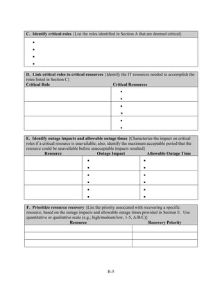 C. Identify critical roles {List the roles identified in Section A that are deemed critical}




D. Link critical roles to critical resources {Identify the IT resources needed to accomplish the
roles listed in Section C}
Critical Role                                    Critical Resources




E. Identify outage impacts and allowable outage times {Characterize the impact on critical
roles if a critical resource is unavailable; also, identify the maximum acceptable period that the
resource could be unavailable before unacceptable impacts resulted}
            Resource                        Outage Impact               Allowable Outage Time




F. Prioritize resource recovery {List the priority associated with recovering a specific
resource, based on the outage impacts and allowable outage times provided in Section E. Use
quantitative or qualitative scale (e.g., high/medium/low, 1-5, A/B/C)}
                          Resource                                     Recovery Priority




                                                B-5
 