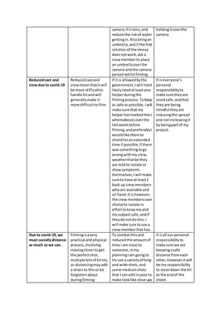 camera if itrains,and
reduce the riskof water
gettingin.Alsobringan
umbrella,andif the first
solutionof the sleeve
doesnotwork,ask a
crew memberto place
an umbrellaoverthe
camera andthe camera
personwhilstfilming.
holdingitoverthe
camera.
Reducedcast and
crew due to covid-19
Reducedcastand
crew mean thatit will
be more difficultto
handle kitandwill
generallymake it
more difficulttofilm.
If it is allowedbythe
government,Iwill most
likelyneedatleastone
helperduringthe
filmingprocess. Tokeep
as safe as possible,Iwill
make sure that my
helperhastracked their
whereaboutsoverthe
lastweekbefore
filming,andpreferablyI
wouldlike themto
shieldforanextended
time if possible.If there
was somethingtogo
wrongwithmy crew,
weatherthatbe they
are toldto isolate or
show symptoms
themselves,Iwill make
sure to have at least2
back up crew members
whoare available and
on hand.It ishowever,
the crew membersown
choice to isolate in
efforttokeepme and
my subjectsafe,andif
theydo notdo this,I
will make sure touse a
crew memberthat has.
It iseveryone’s
personal
responsibilityto
make sure theyare
covidsafe,andthat
theyare being
mindful theyare
reducingthe spread
and notincreasingit
by beingpartof my
project.
Due to covid-19, we
must sociallydistance
as much as we can.
Filmingisavery
practical and physical
process,involving
movingclosertoget
the perfectshot,
multiple bitsof kitetc,
so distancingmayadd
a strain to thisor be
forgottenabout
duringfilming.
To combat thisand
reducedthe amountof
time I am close to
someone,inmy
planningIam goingto
try use a varietyof long
and wide shots,and
some mediumshots
that I can editinpost to
make looklike close ups
It isall our personal
responsibilityto
make sure we are
keepingasafe
distance fromeach
other,howeveritwill
be my responsibility
to cleandown the kit
as the endof the
shoot.
 
